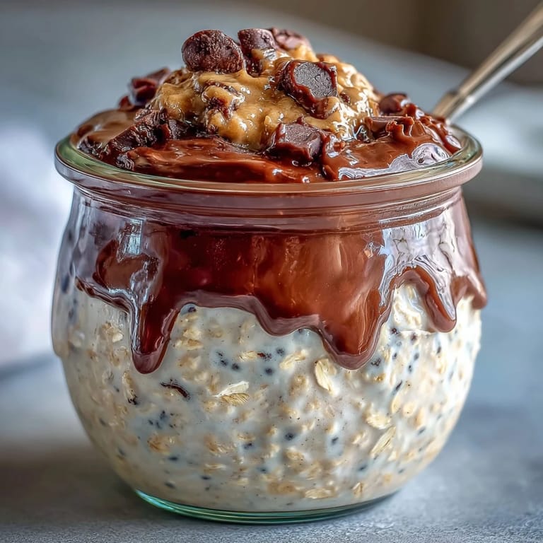 Spoon diving into luscious Peanut Butter Cup Overnight Oats, revealing chocolate ganache layers for a healthy breakfast.