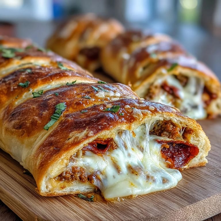 Slices of Baked High-Protein Pepperoni Stromboli revealing layers of seasoned lean ground beef and spicy pepperoni inside.