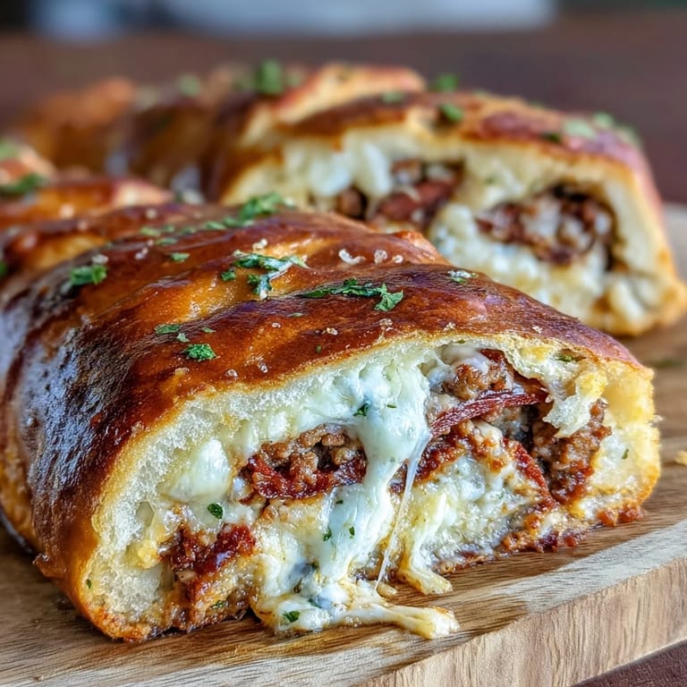 Homemade Baked High-Protein Pepperoni Stromboli on a wooden board, ready to be enjoyed with a green side salad.
