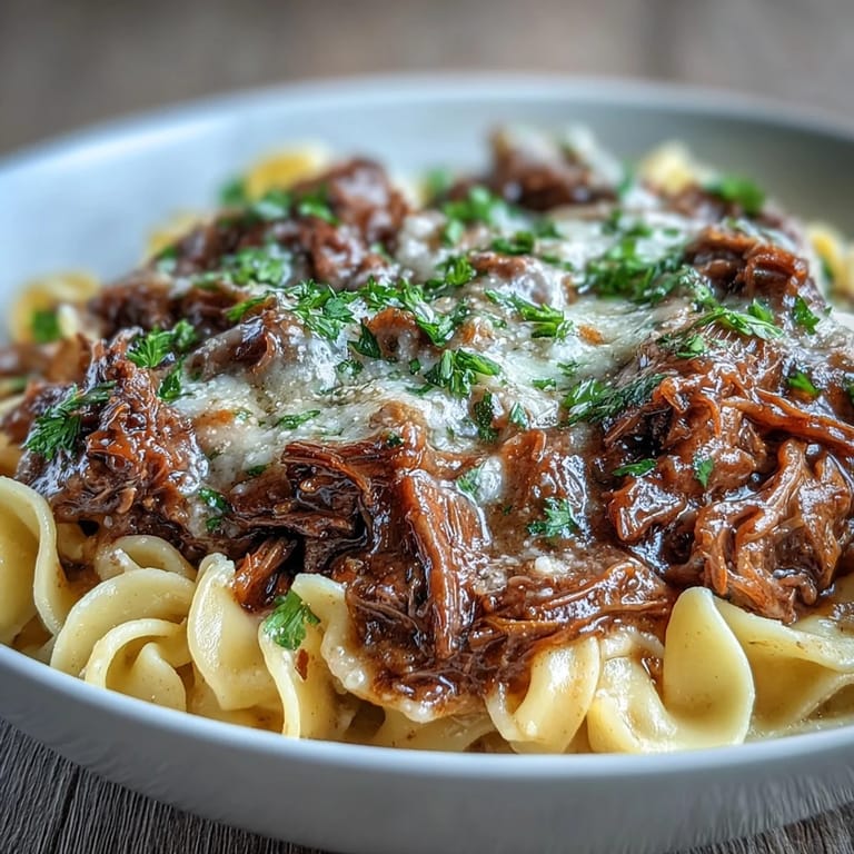 Fork-tender shredded beef and caramelized onions from Crockpot French Onion Pot Roast Pasta draped over steaming buttered egg noodles.