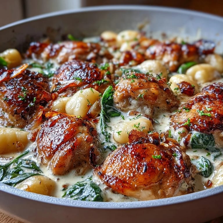 Savory One-Pan Creamy Garlic Chicken Gnocchi plated with crusty bread, perfect for sopping up the luscious garlic sauce.