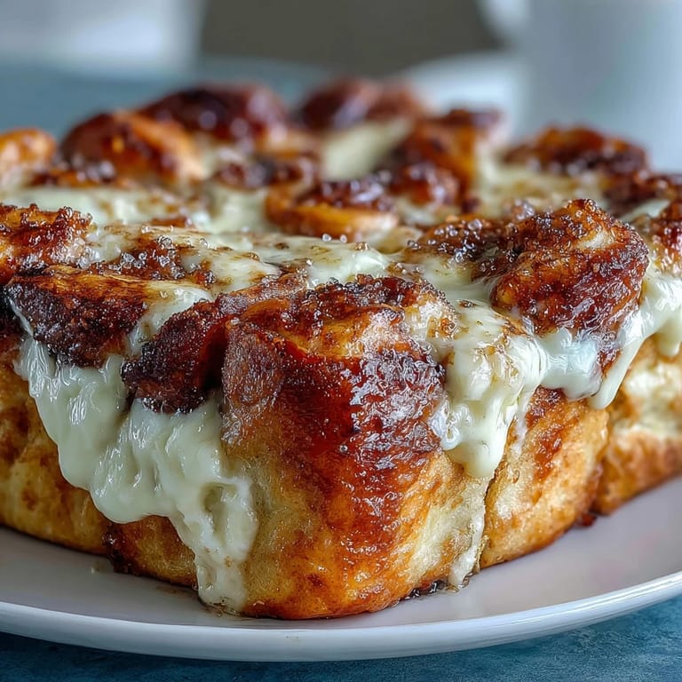 A close-up of Cream Cheese Swirl Cinnamon Roll French Toast Bake revealing creamy swirls, cinnamon sugar topping, and powdered sugar dusting.