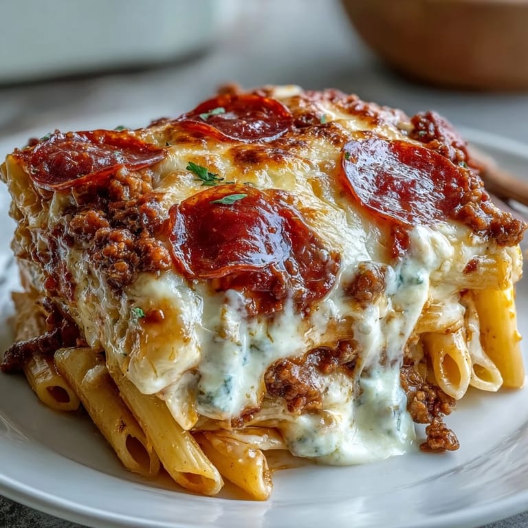 A hearty scoop of High-Protein Pizza Pasta Bake shows creamy yogurt-cheese sauce and tender pasta.