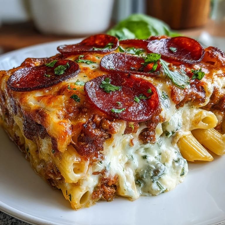 Slice of High-Protein Pizza Pasta Bake served with a fresh green salad on a rustic table.