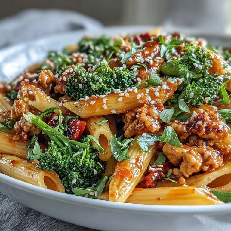 Close-up shot of Sweet & Spicy Turkey Broccoli Pasta with sautéed red bell pepper and green onions for a savory weeknight dinner.