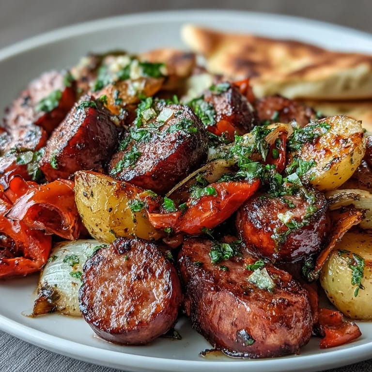 Colorful roasted bell peppers and onions next to seared sausage for Smoky Sheet Pan Sausage & Veggies.