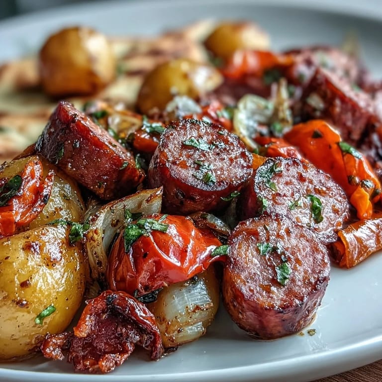 Easy Smoky Sheet Pan Sausage & Veggies topped with fresh parsley alongside warm, buttery naan bread.