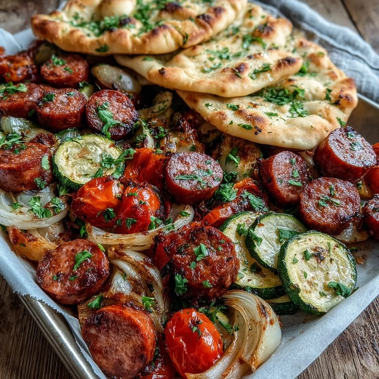 Sizzling Smoky Sheet Pan Sausage & Veggies with naan alongside a glass of Sauvignon Blanc.