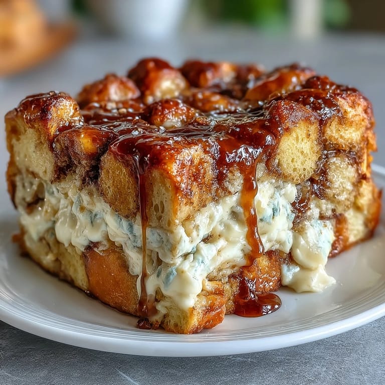 Cream Cheese Swirl Cinnamon Roll French Toast Bake topped with powdered sugar and ripe banana slices for breakfast.