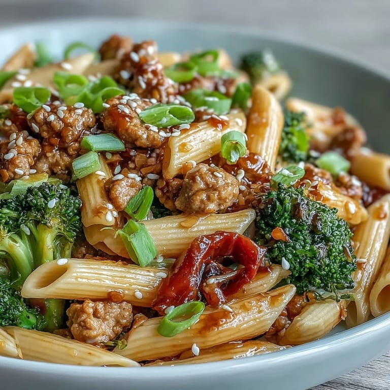Family-style bowl of Sweet and Spicy Turkey Broccoli Pasta served hot, paired with a crisp green salad for dinner.