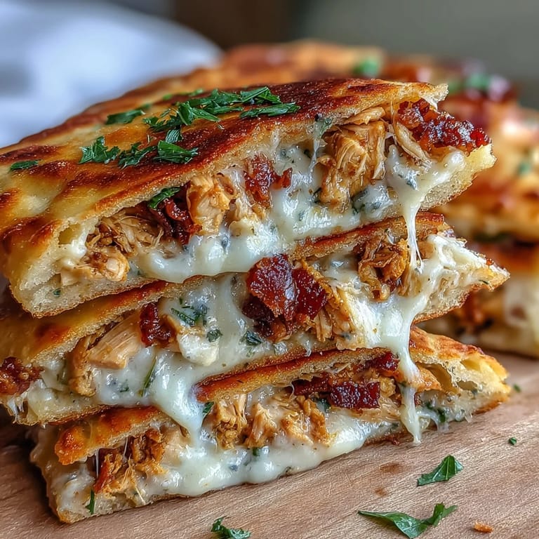 Warm Ranch Crack Chicken Stuffed Naan cut into wedges, revealing creamy shredded chicken filling.