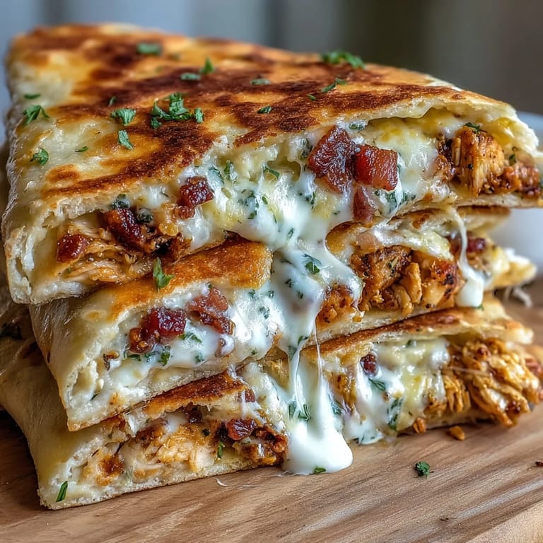 Flaky garlic naan stuffed with Ranch Crack Chicken, sharp cheddar, and crispy bacon, ready to serve.