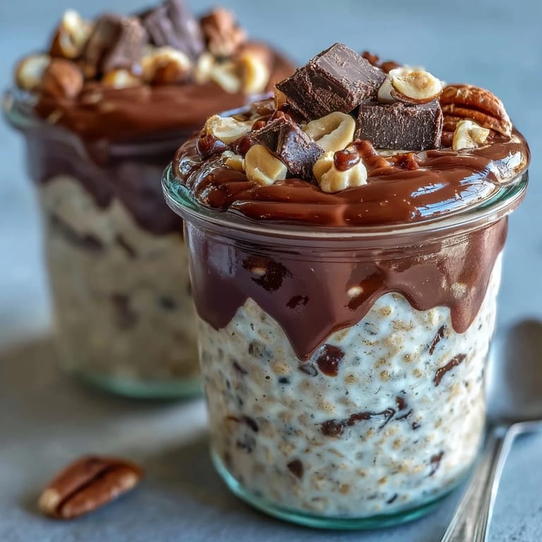 Decadent Peanut Butter Cup Overnight Oats topped with chopped peanuts and rich cocoa ganache.