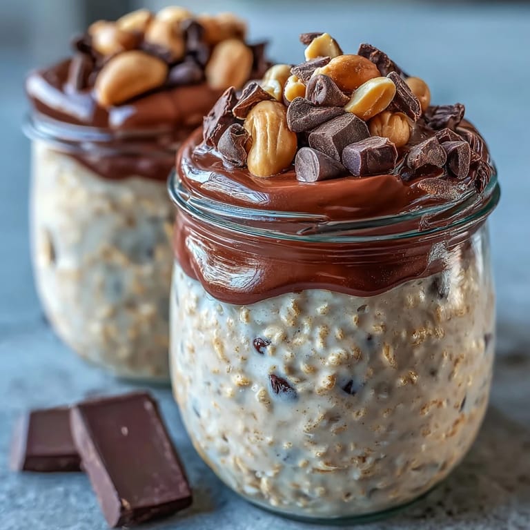 Healthy Peanut Butter Cup Overnight Oats in mason jars, ready for a quick chilled breakfast.