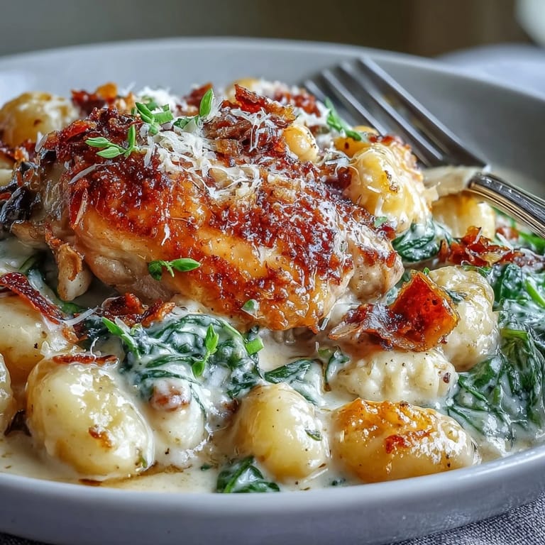 One-Pan Creamy Garlic Chicken Gnocchi served steaming hot from the oven-safe skillet for a family meal.