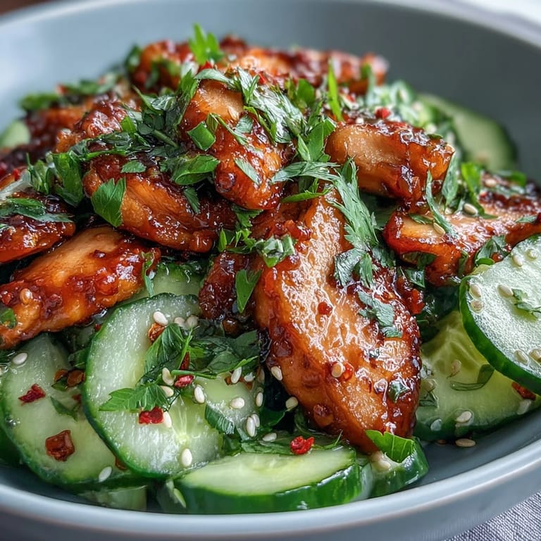 Juicy seared chicken rests atop chilled cucumbers for TikTok Chili-Crisp Cucumber Chicken Bowls, with chili crisp drizzle and sesame seeds.