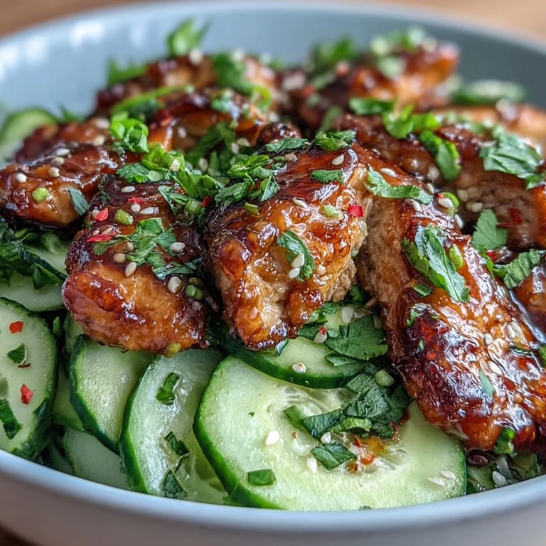 A vibrant bowl of TikTok Chili-Crisp Cucumber Chicken Bowls features rice, cucumbers, and chicken with a bold chili crisp kick.