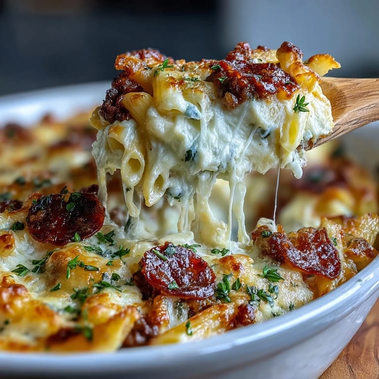 A close-up of the High-Protein Pizza Pasta Bake shows creamy yogurt sauce, lean beef, and colorful vegetables in a golden-brown casserole.  