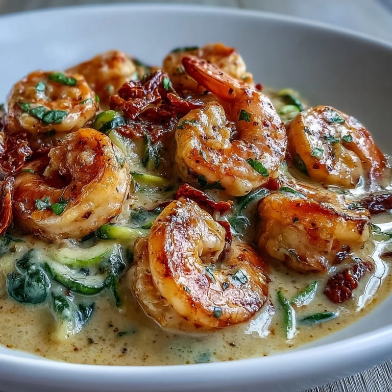 Keto-friendly Tuscan shrimp served over spiralized zucchini in a velvety garlic cream sauce with sun-dried tomatoes and herbs.