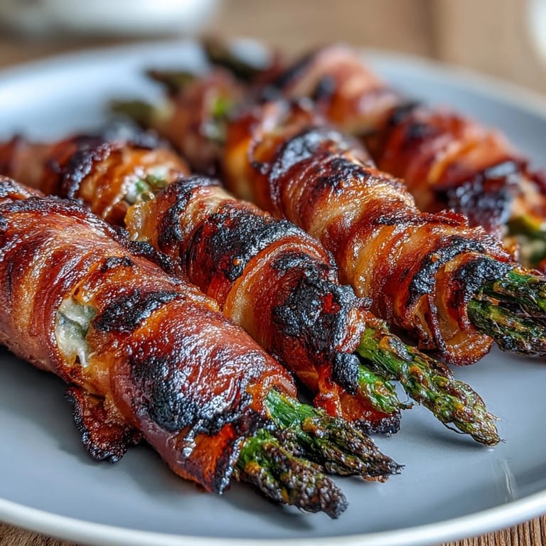 Crispy bacon bundles hugging fresh asparagus spears, oven-roasted and sprinkled with savory Parmesan for a keto-friendly side.