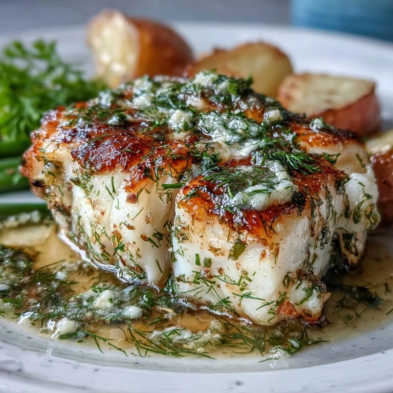 Baked cod fillets topped with fragrant garlic herb butter, served with crisp green beans and tender roasted baby potatoes.  