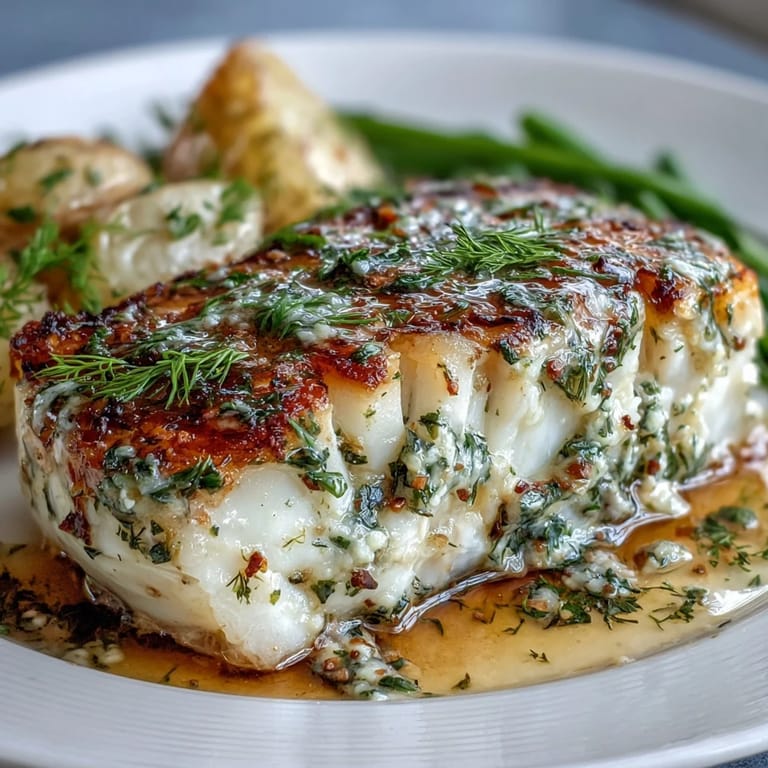 One-pan Garlic Herb Butter Cod dinner with vibrant green beans and golden baby potatoes, perfect for a quick and healthy meal.