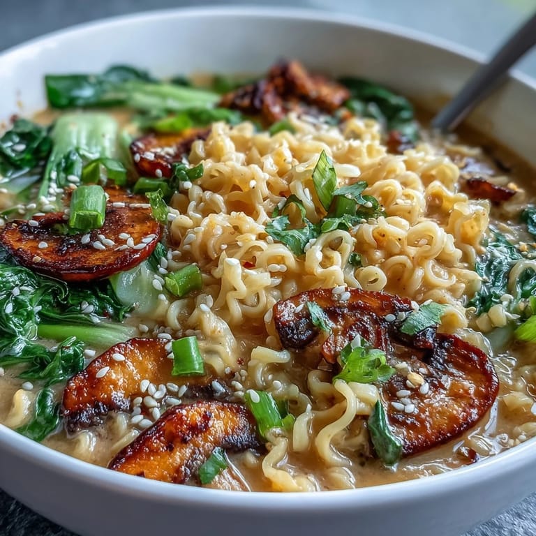 Rich and aromatic vegan ramen featuring silky coconut curry broth, fresh bok choy, and umami mushrooms for a comforting meal.  