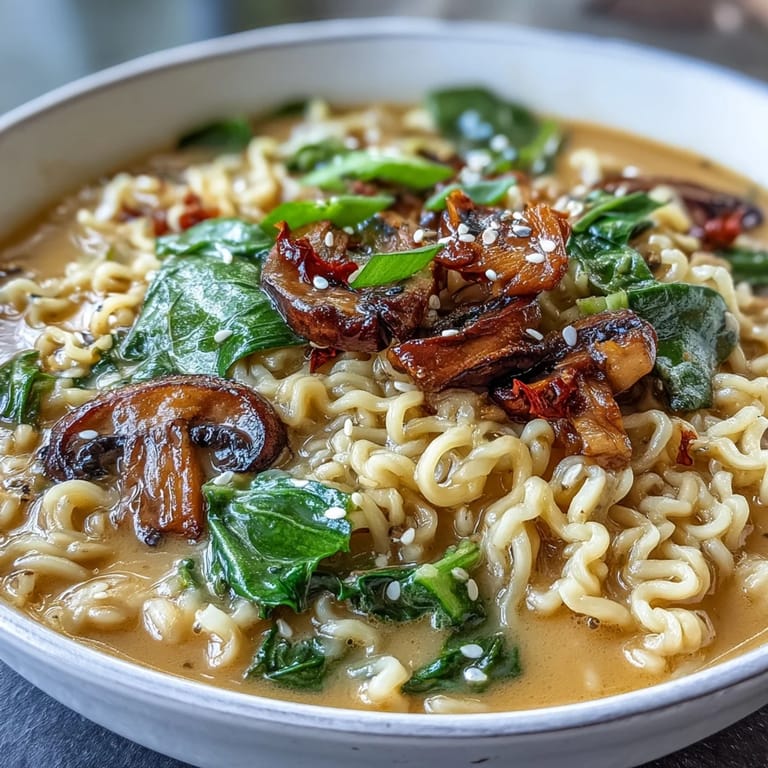 Flavorful vegan coconut curry ramen with vibrant bok choy, savory mushrooms, and silky noodles in a creamy, spiced broth.