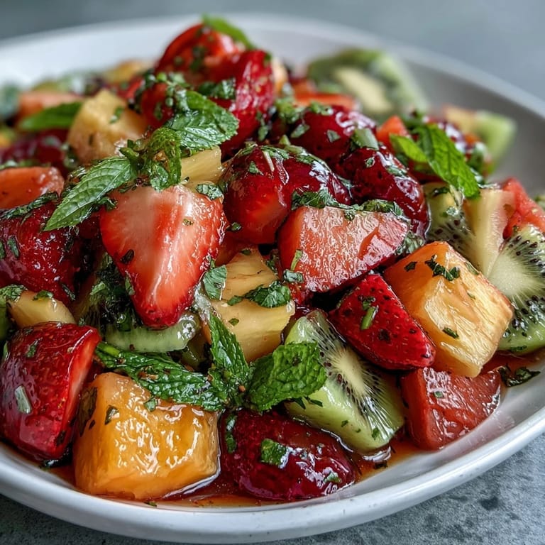 Colorful tropical fruit salad featuring kiwi, papaya, and strawberries, served with zesty mint lime dressing for a summer treat.