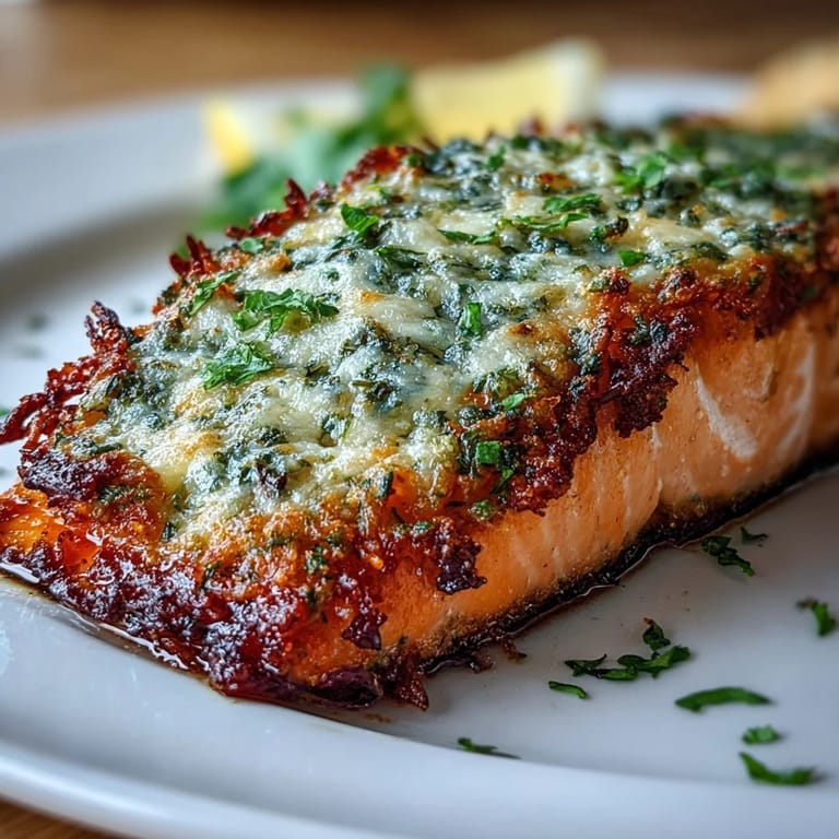 Flavorful baked salmon topped with savory garlic-Parmesan crust, accompanied by crispy roasted broccoli and fresh lemon wedges for a bright finish.  