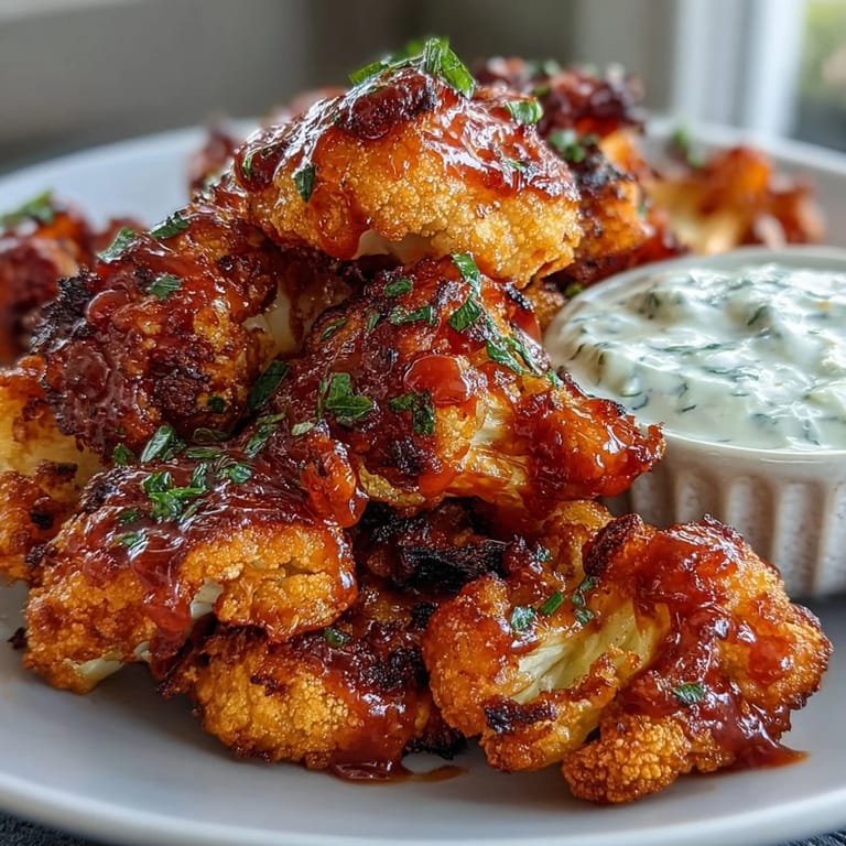 Golden roasted cauliflower florets coated in hot buffalo sauce, served alongside fresh, herby ranch yogurt dip for a healthy twist.