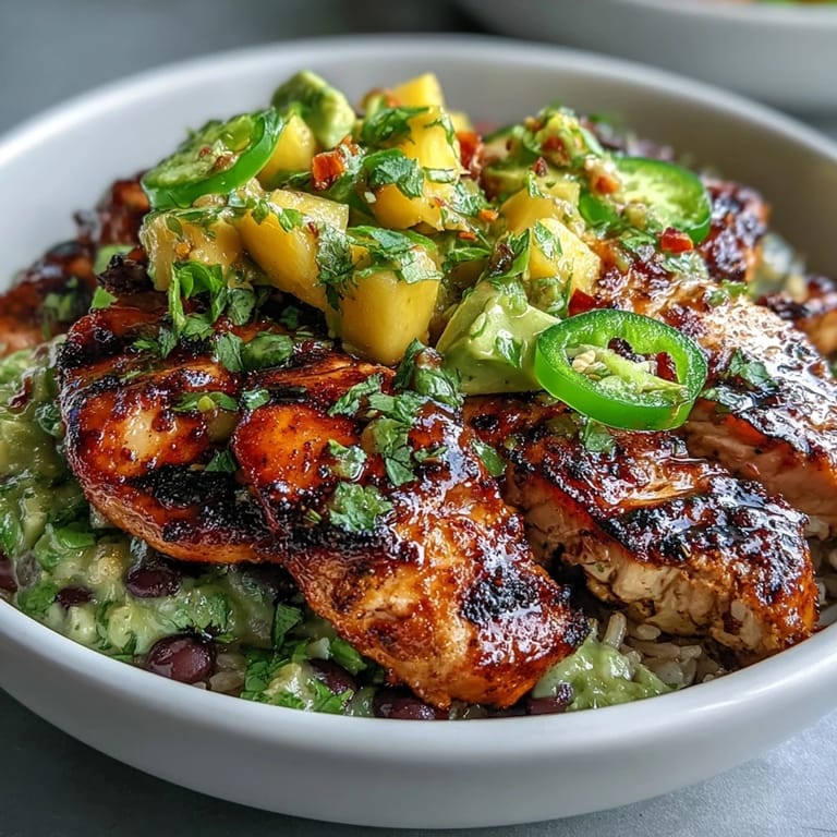 Flavorful Mango Avocado Salsa Chicken Bowls with tender chicken, creamy avocado salsa, black beans, and fluffy brown rice in a nourishing bowl.