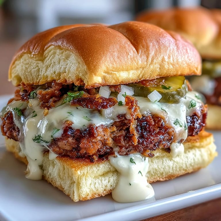 Golden-brown beef patties topped with diced onions, pickles, and creamy sauce, served on toasted mini slider buns.