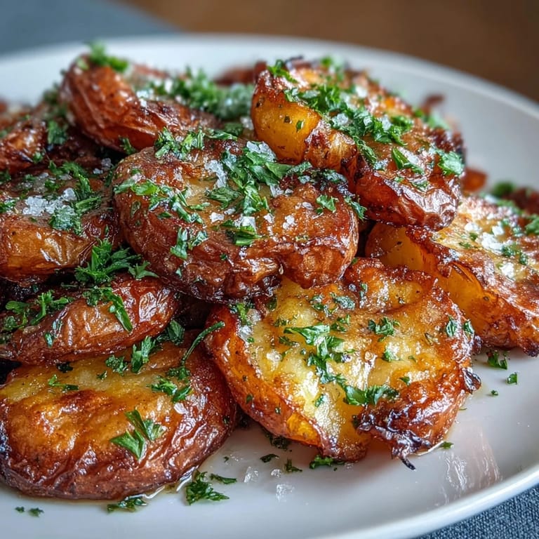 Fluffy baby potatoes roasted until golden, topped with rich garlic oil and fresh parsley for a comforting side dish.  