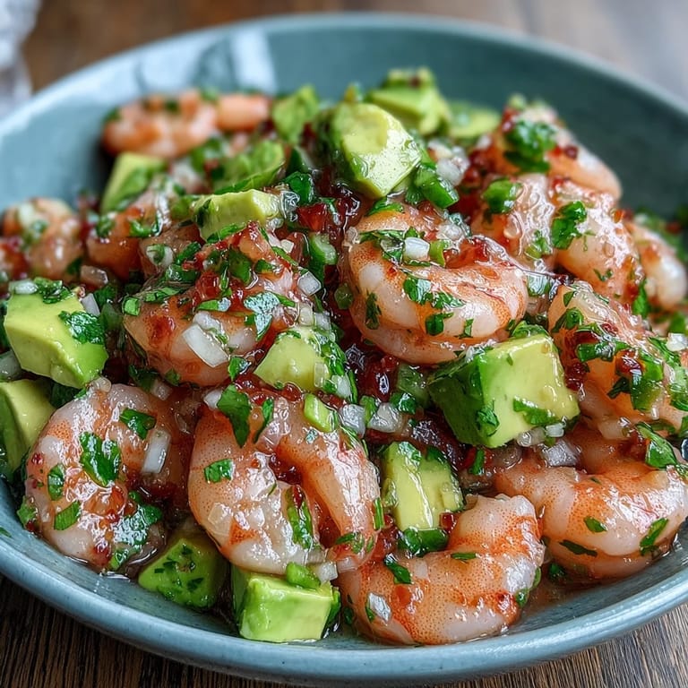 Spicy and refreshing chilli lime shrimp ceviche featuring diced tomatoes, cucumber, and creamy avocado, perfect for summer gatherings.