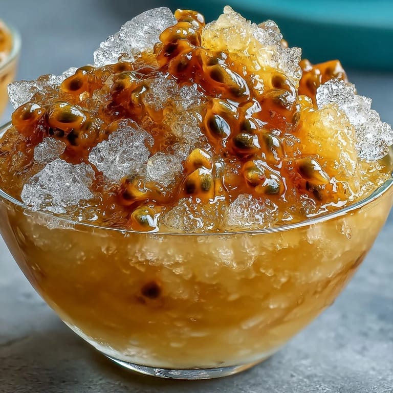 Fluffy passionfruit ice crystals served in chilled glasses, garnished with fresh mint and seeds for visual appeal.