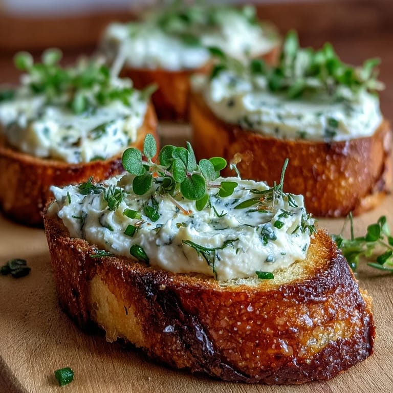 Creamy herbed cream cheese spread on golden crostini, garnished with vibrant dill, chives, and parsley for a fresh appetizer.