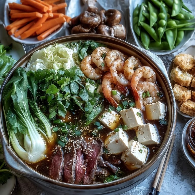3. Gather around an Asian Hot Pot Interactive featuring a bubbling broth, fresh ingredients, and dipping sauces for a fun, customizable meal with friends and family.
