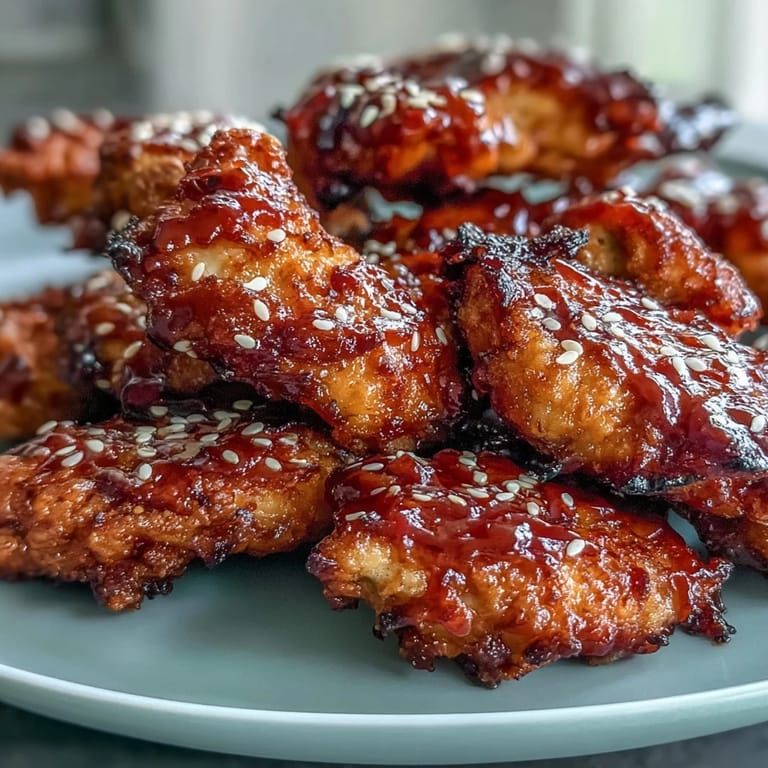 Spicy gochujang-glazed Korean fried chicken made in the air fryer, juicy and perfectly caramelized.