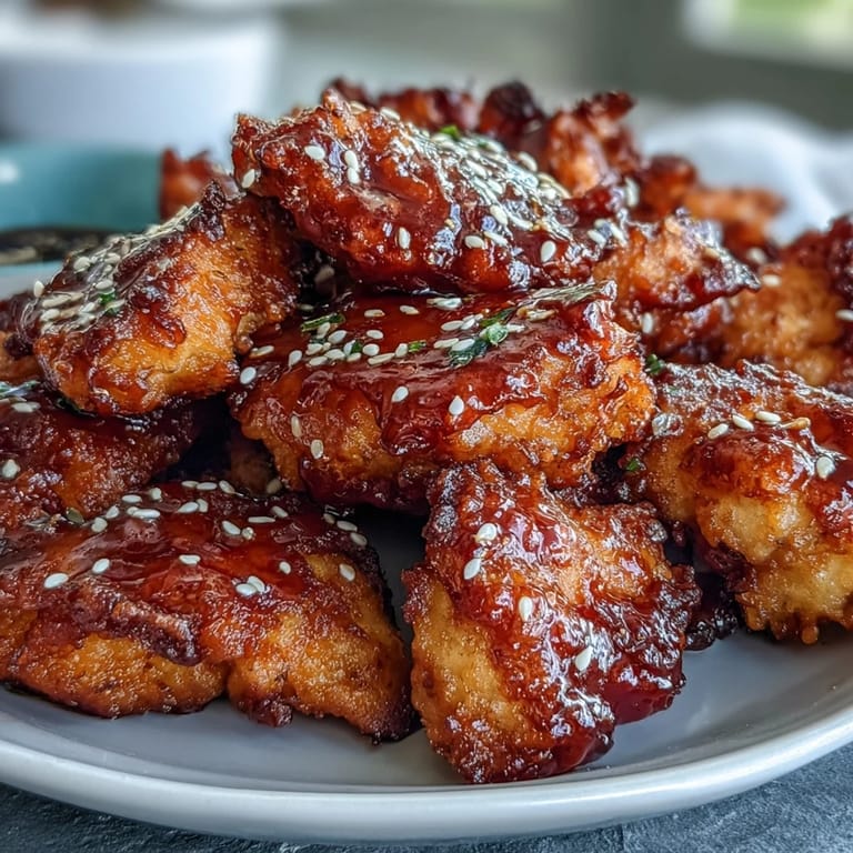 Crispy air-fried chicken pieces coated in a sticky gochujang glaze, garnished with sesame seeds and green onions.
