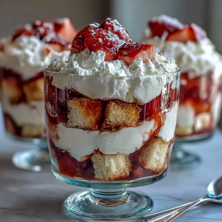 Layered Galentine's Strawberry Shortcake Trifle featuring tender shortcake, fresh berries, and airy whipped cream—a colorful and indulgent treat for celebrations.