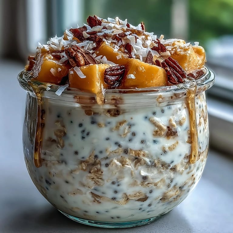 Tropical mango and coconut overnight oats in a jar, perfect for a healthy breakfast on the go.  