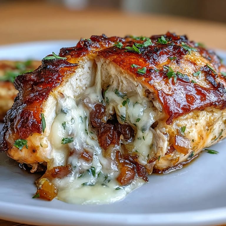 Savory stuffed chicken breasts filled with rich, slow-cooked onions and topped with bubbling Swiss cheese for a comforting dinner.  