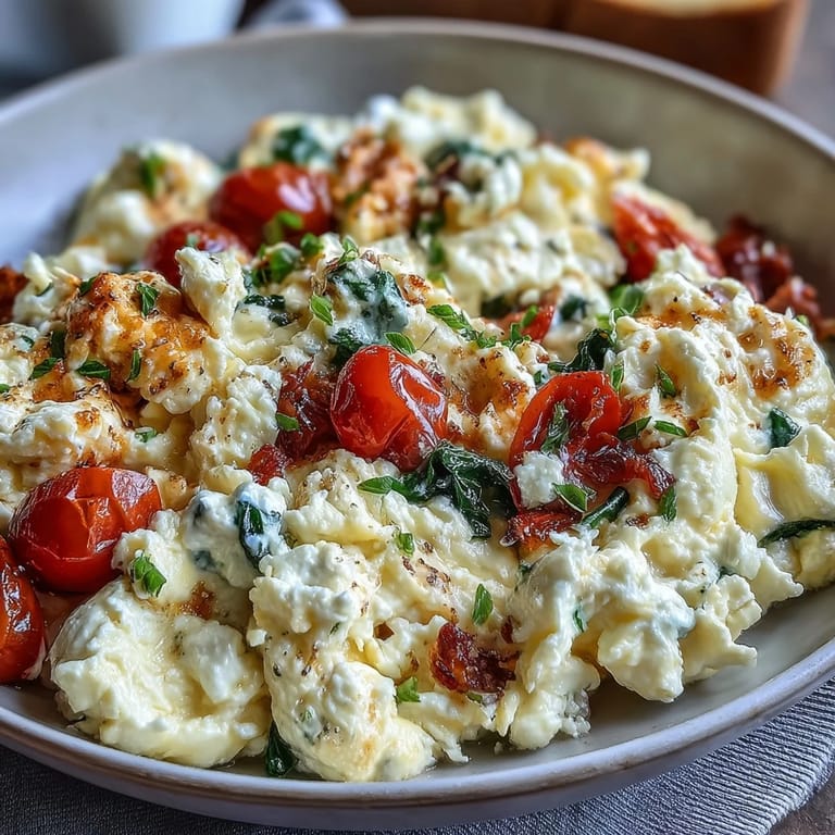 Creamy cottage cheese blended into soft scrambled eggs with vibrant veggies for a nutritious morning meal.