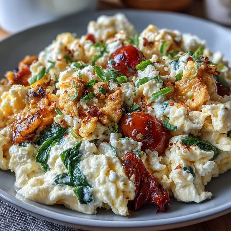 Protein-packed cottage cheese egg scramble loaded with tender bell peppers, spinach, and juicy cherry tomatoes.  