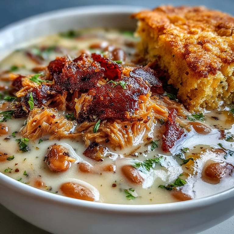 Smoky ham hock simmered with vegetables and white beans, served alongside buttery, golden cornbread in rustic bowls.  