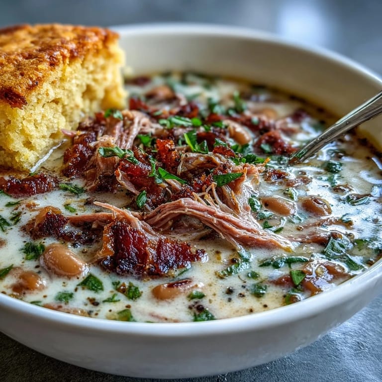 Rich and comforting ham hock and bean soup paired with warm cornbread, topped with fresh parsley for a cozy meal.