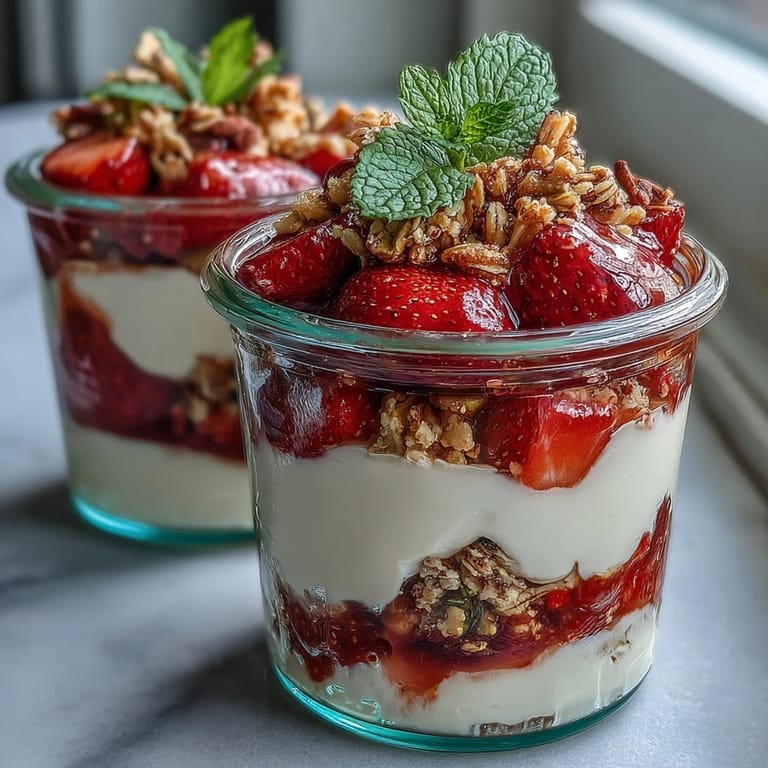 Layered parfait featuring fresh strawberries, Greek yogurt, and chopped pistachios for a colorful morning treat.