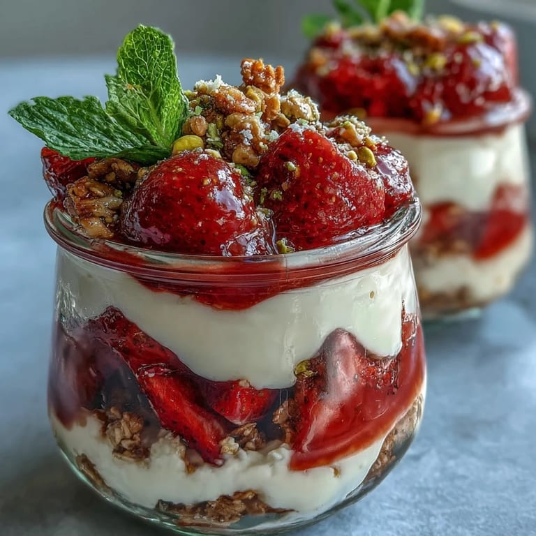 Healthy breakfast parfait with strawberries, vanilla yogurt, and pistachios garnished with mint leaves.
