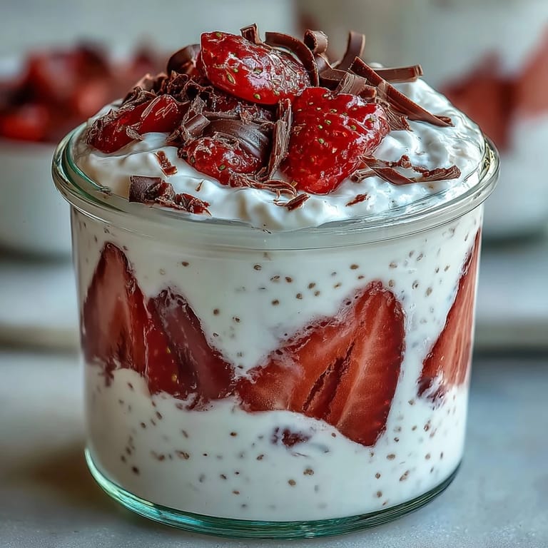 Layered strawberry yogurt chia pudding with rich dark chocolate shavings, perfect for breakfast or a light dessert.
